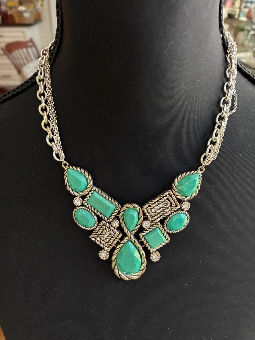 Silver-Tone Green Statement Necklace - Women Jewelry